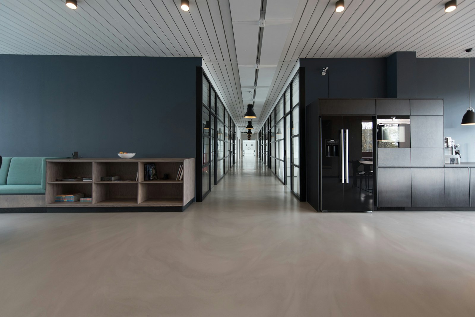 Bright commercial office interior with large windows